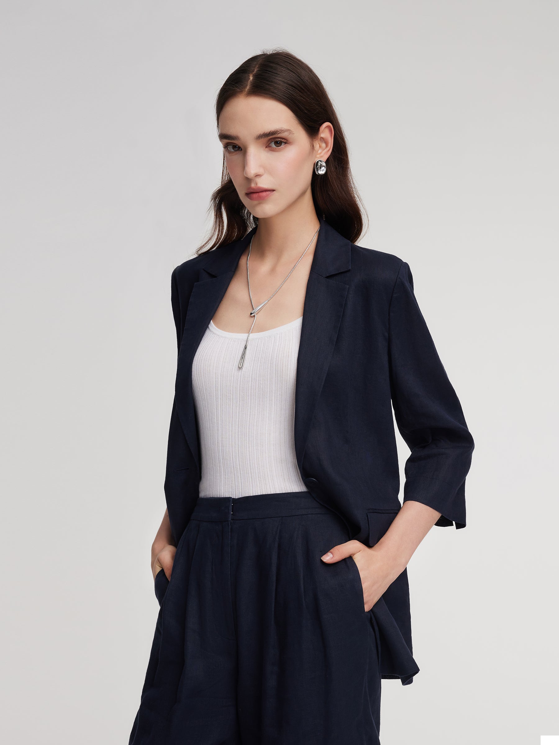 100% Linen 3/4 Sleeve Women Blazer GOELIA