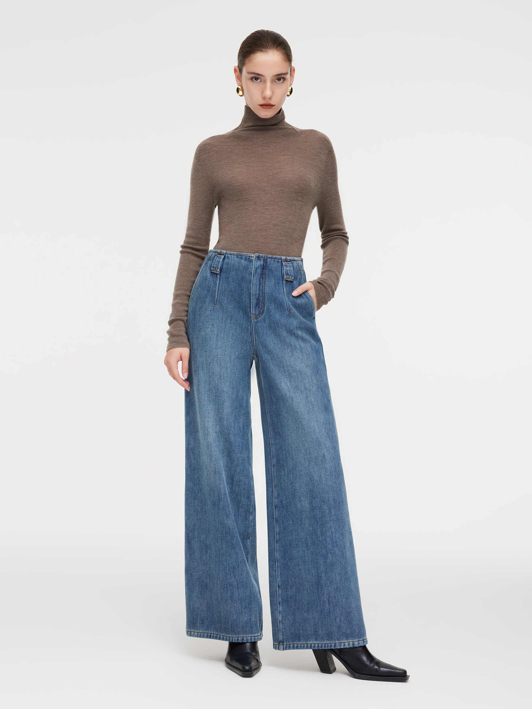 100% Cotton Denim Fleece Lined Women Wide Leg Jeans GOELIA