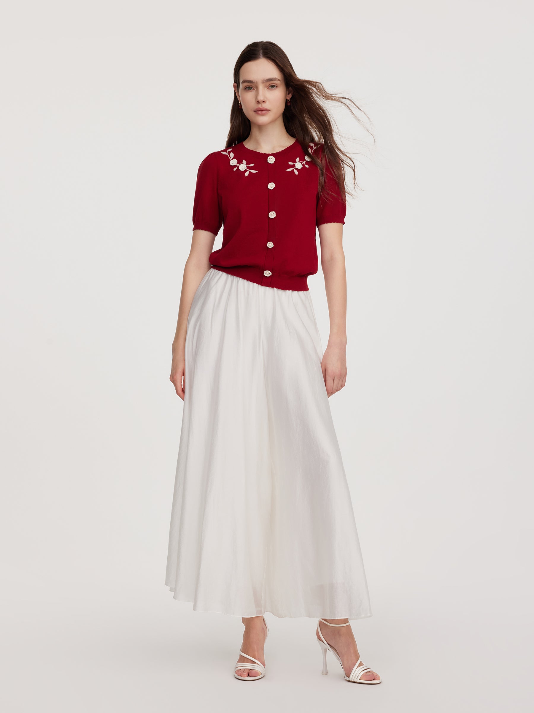 Lyocell Blend Jacquard Women Knit Top With Detachable Knit Flowers GOELIA