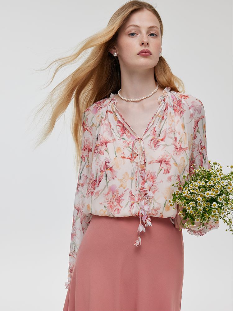 10 Momme Mulberry Silk Iris Printed Tied Front Neck Women Blouse GOELIA