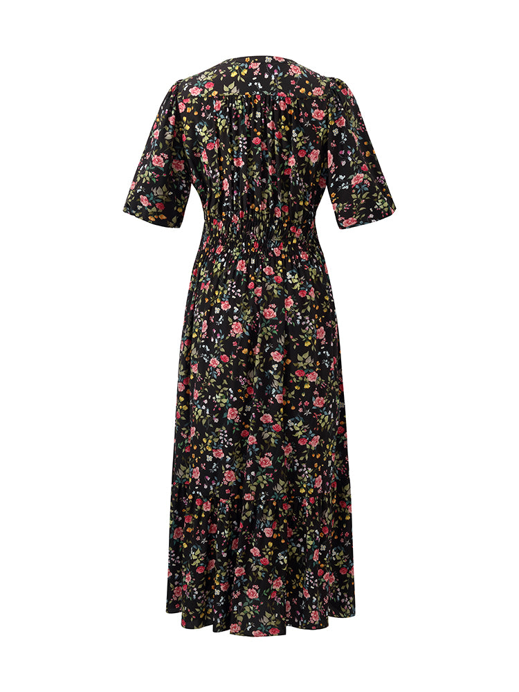 Mulberry Silk Rose Printed V-Neck Puff Sleeves Women Midi Dress GOELIA