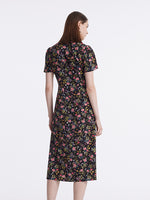 Mulberry Silk Slit Rose Printed Women Qipao Midi Dress GOELIA