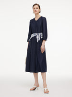 V-Neck Belted Women Maxi Dress With Detachable Floral Print Silk Collar GOELIA