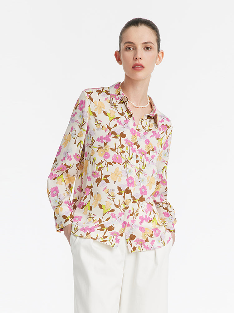19 Momme Mulberry Silk Floral Printed Women Shirt GOELIA