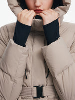 [Preview] Longline Subtle Plaid Belted Goose Down Hooded Overcoat GOELIA