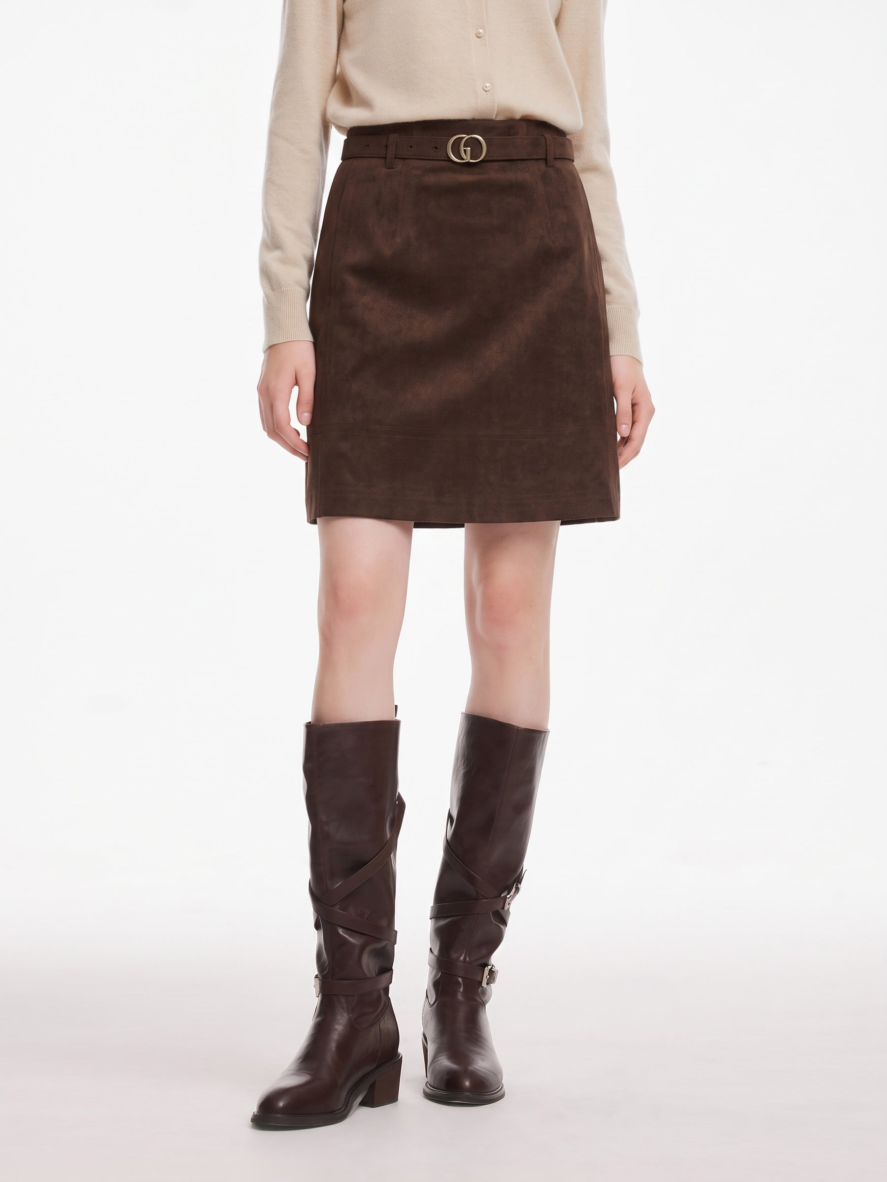 Faux Suede A-Line Women Belted Skirt GOELIA