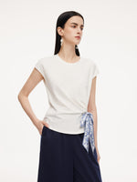 Tencel Blend Twist Front Top And Wide Leg Pants Two-Piece Set With Silk Scarf GOELIA