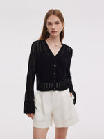Tencel Blend Openwork Women Flared Sleeve Cardigan GOELIA