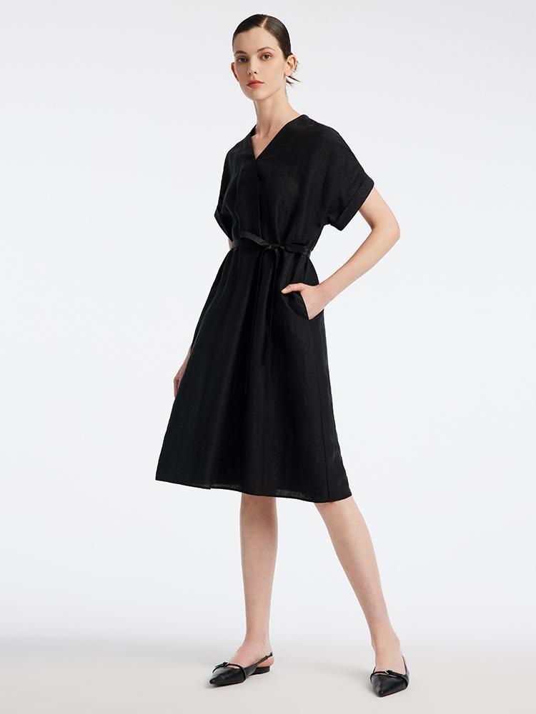 Xiang Yun Silk Black V-Neck Midi Dress GOELIA