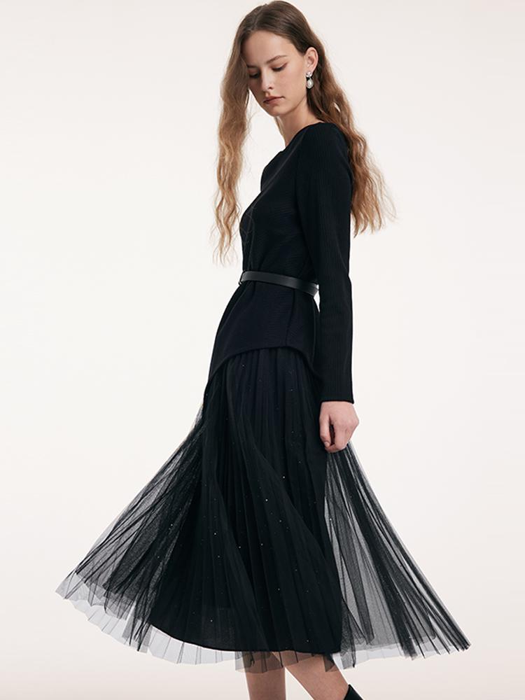 Knitted Sweater And Tulle Skirt With Belt Two-Piece Set GOELIA