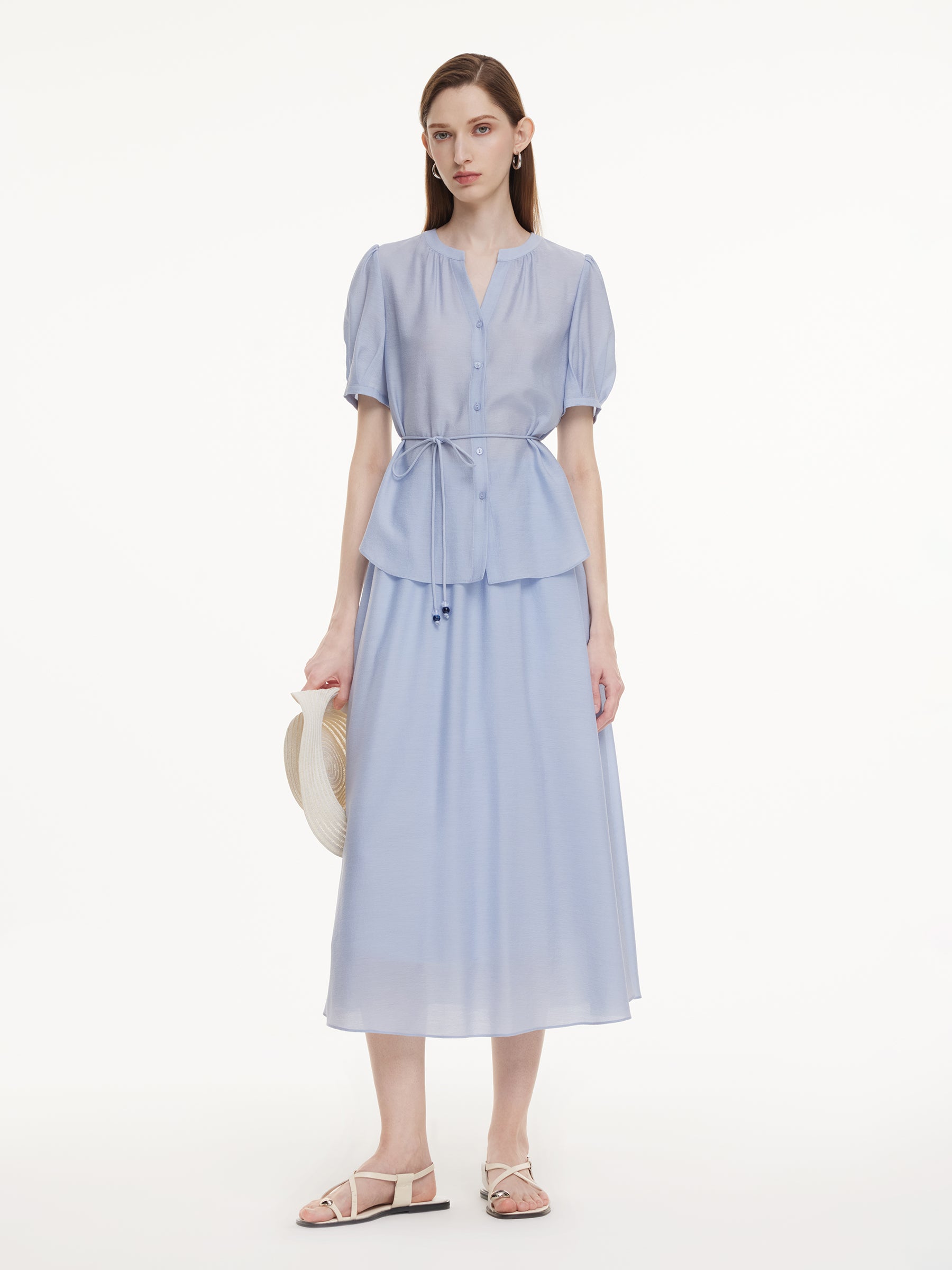 Acetate Blend Blouse And A-Line Skirt Belted Two-Piece Set GOELIA