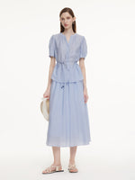 Acetate Blend Blouse And A-Line Skirt Belted Two-Piece Set GOELIA