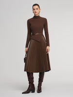 100% Wool Knit Top And PU Leather Skirt Two-Piece Set With Belt GOELIA