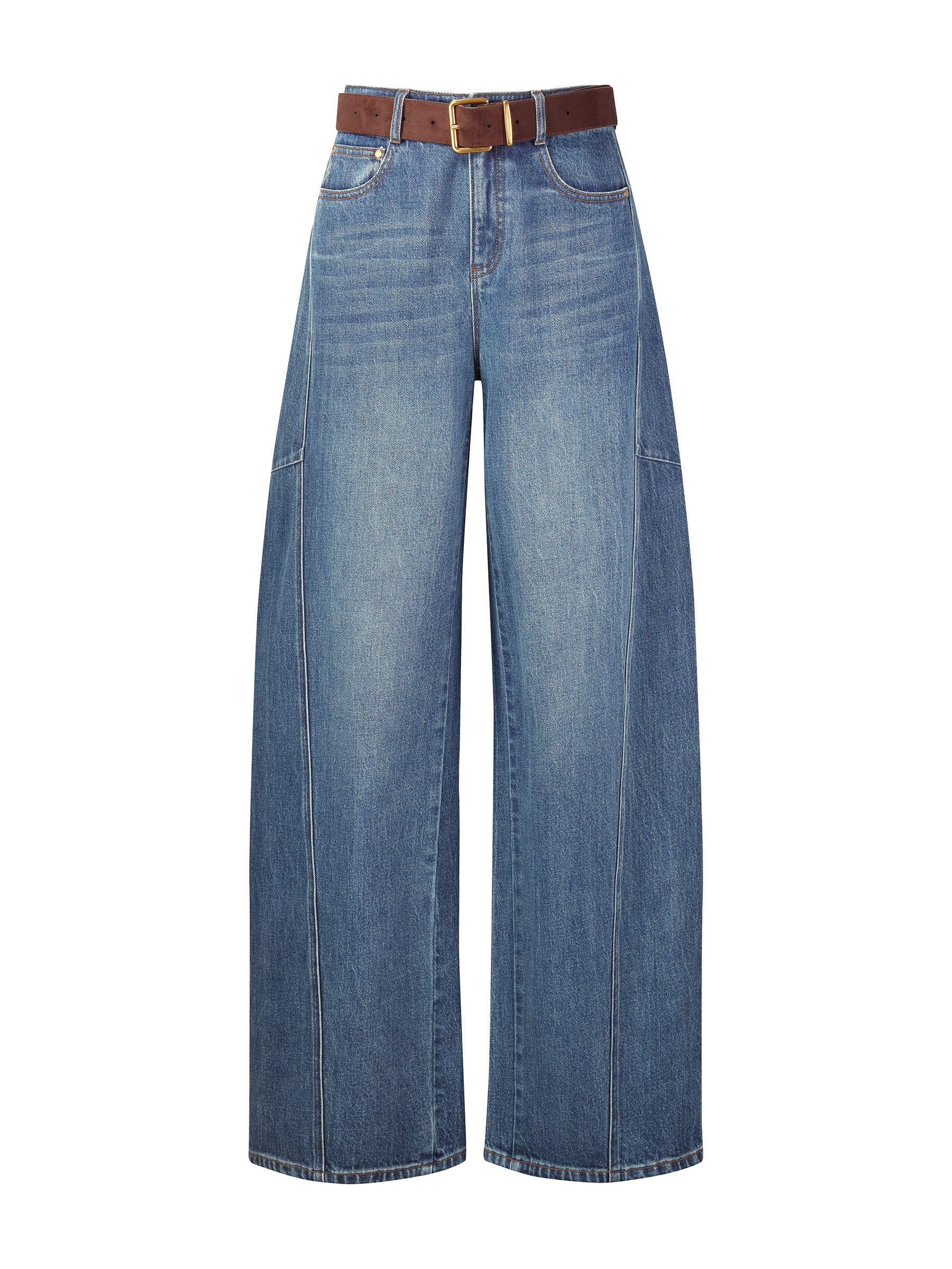 [Preview] Cotton Denim Women Curved Leg Jeans With Belt GOELIA