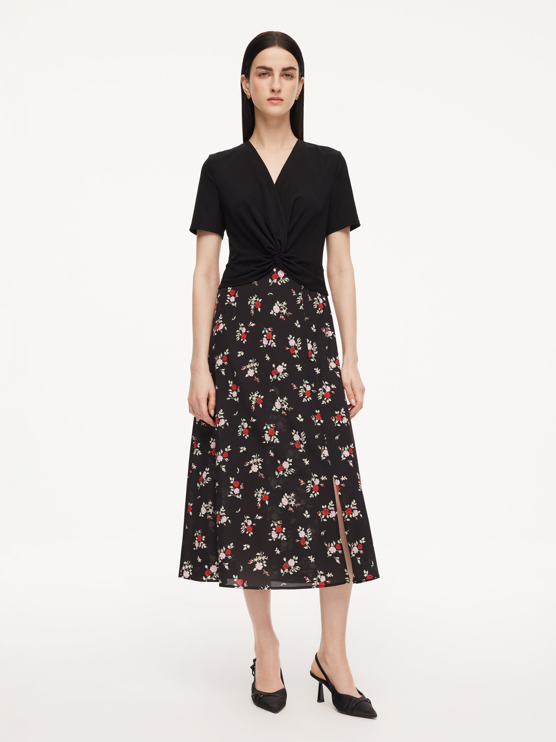 16MM Mulberry Silk Acetate Blend Patchwork Women Side Slit Maxi Dress GOELIA