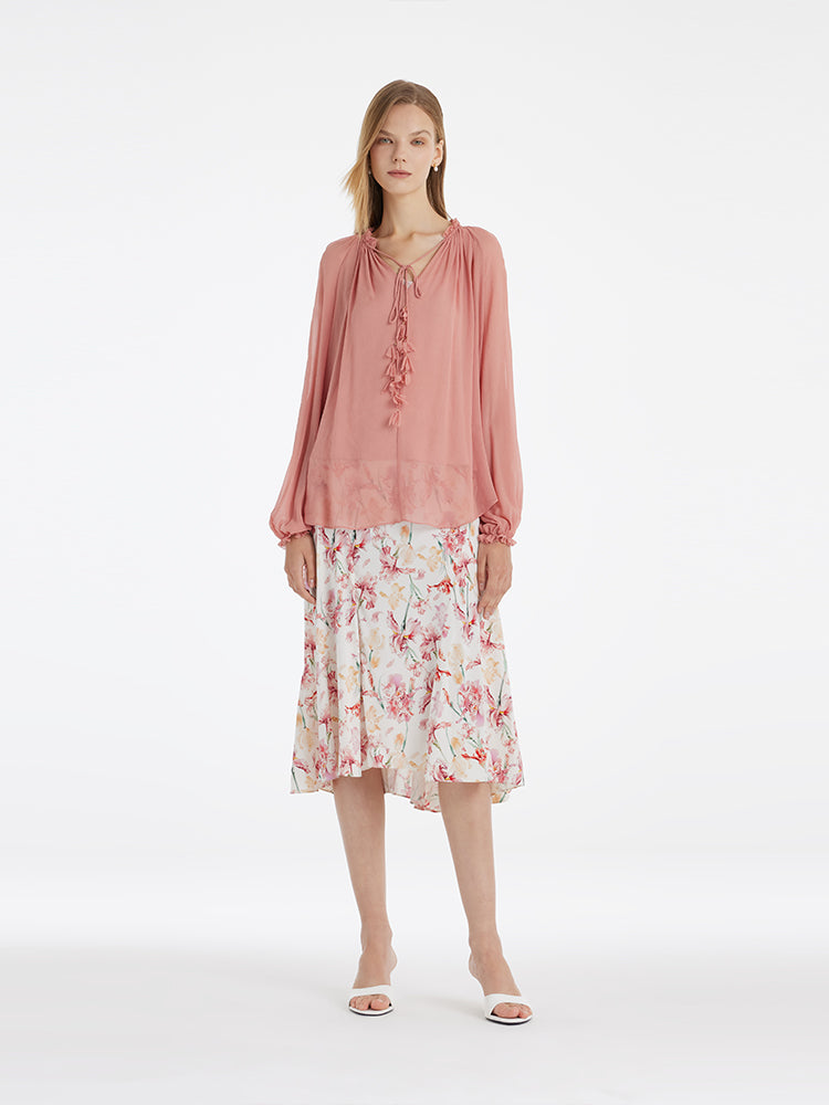 12 Momme Mulberry Silk Ruffle Trim Women Blouse With Bottomed Camisole GOELIA