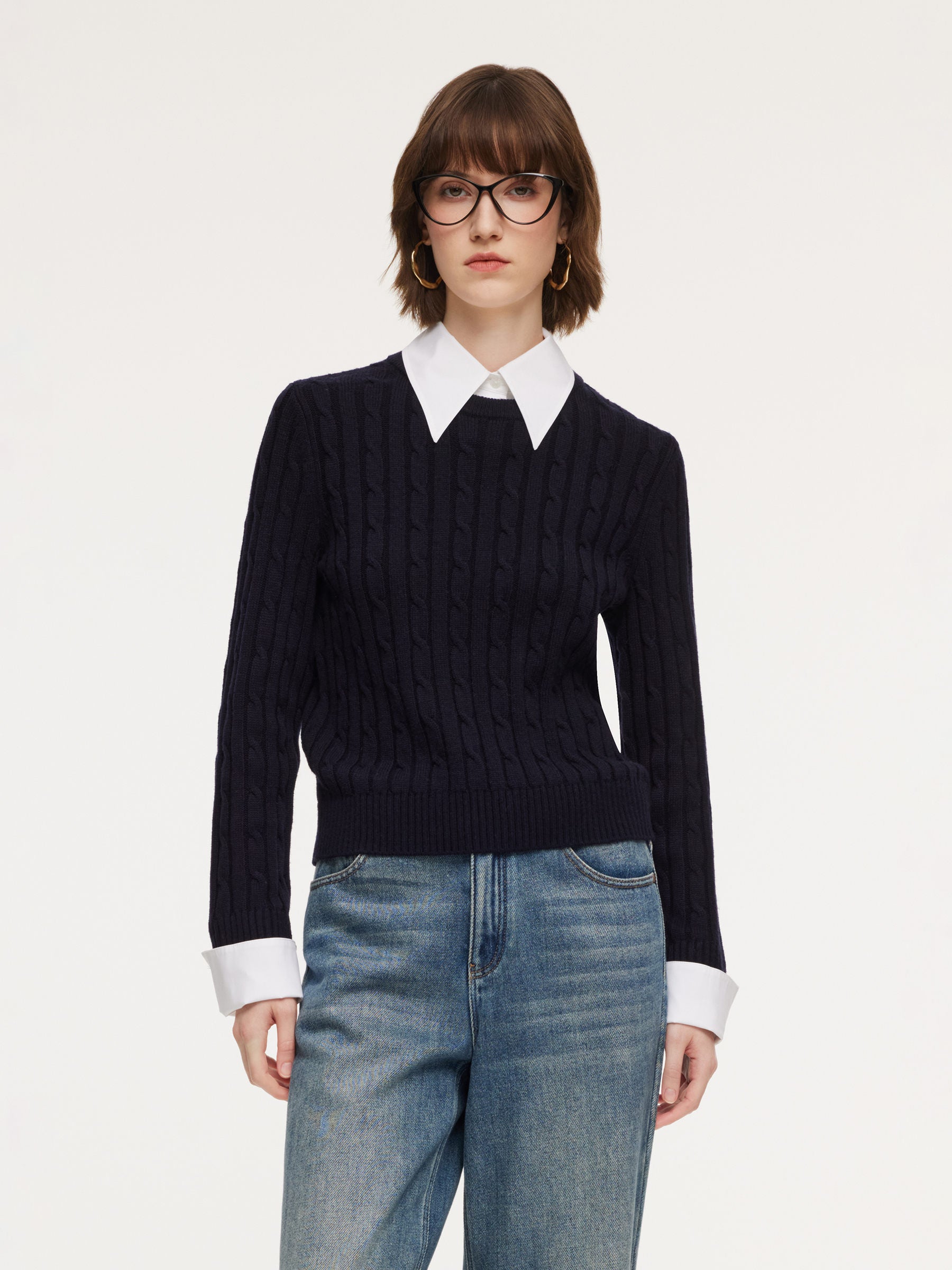 [Preview] Wool Blend Cable Knit Women Knit Top With Detachable Collar And Cuffs GOELIA
