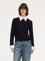 Wool Blend Cable Knit Women Sweater With Detachable Collar And Cuffs GOELIA