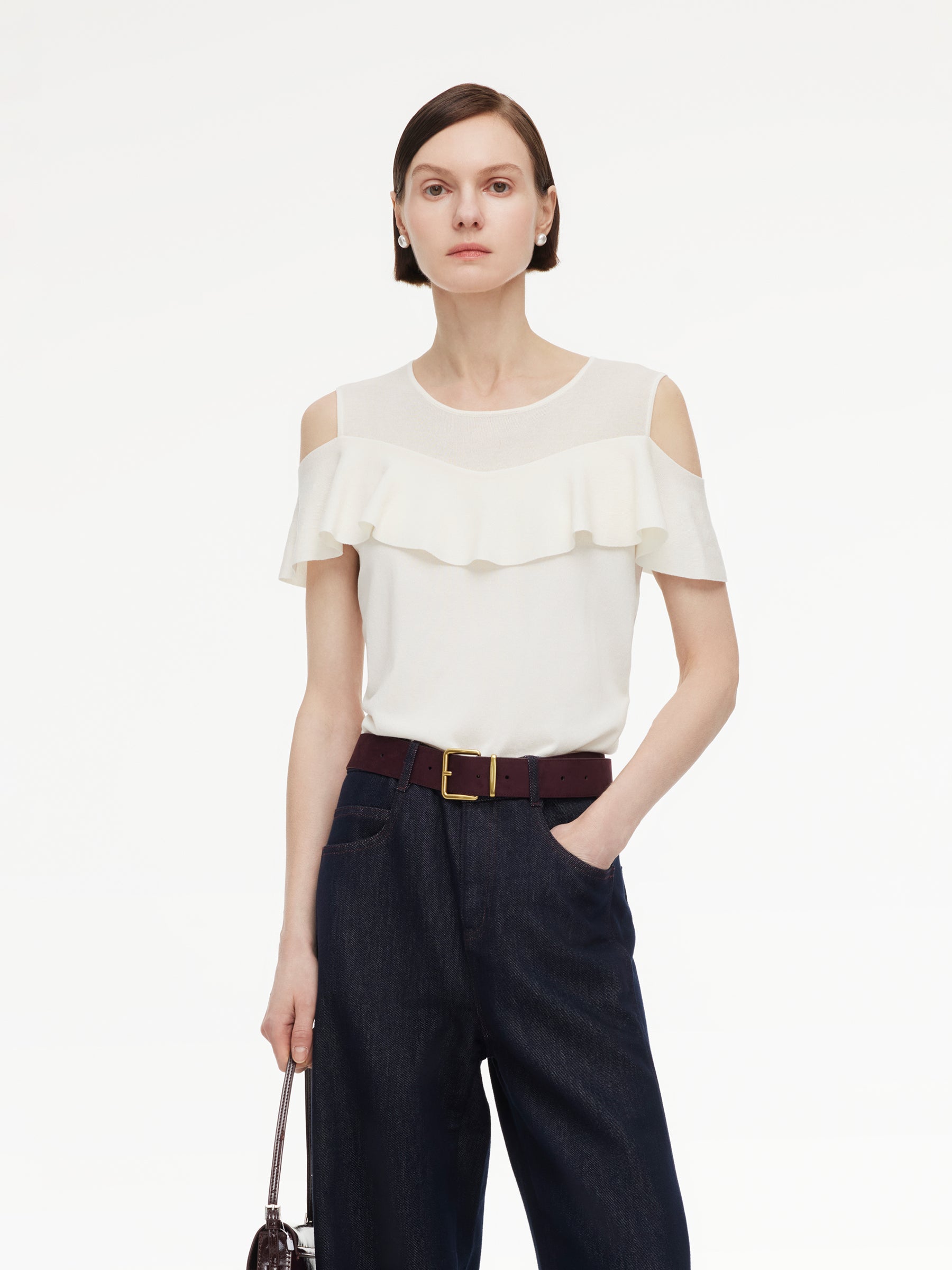 [Preview] Tencel Blend Ruffle Cold Shoulder Women Knit Top GOELIA