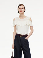[Preview] Tencel Blend Ruffle Cold Shoulder Women Knit Top GOELIA