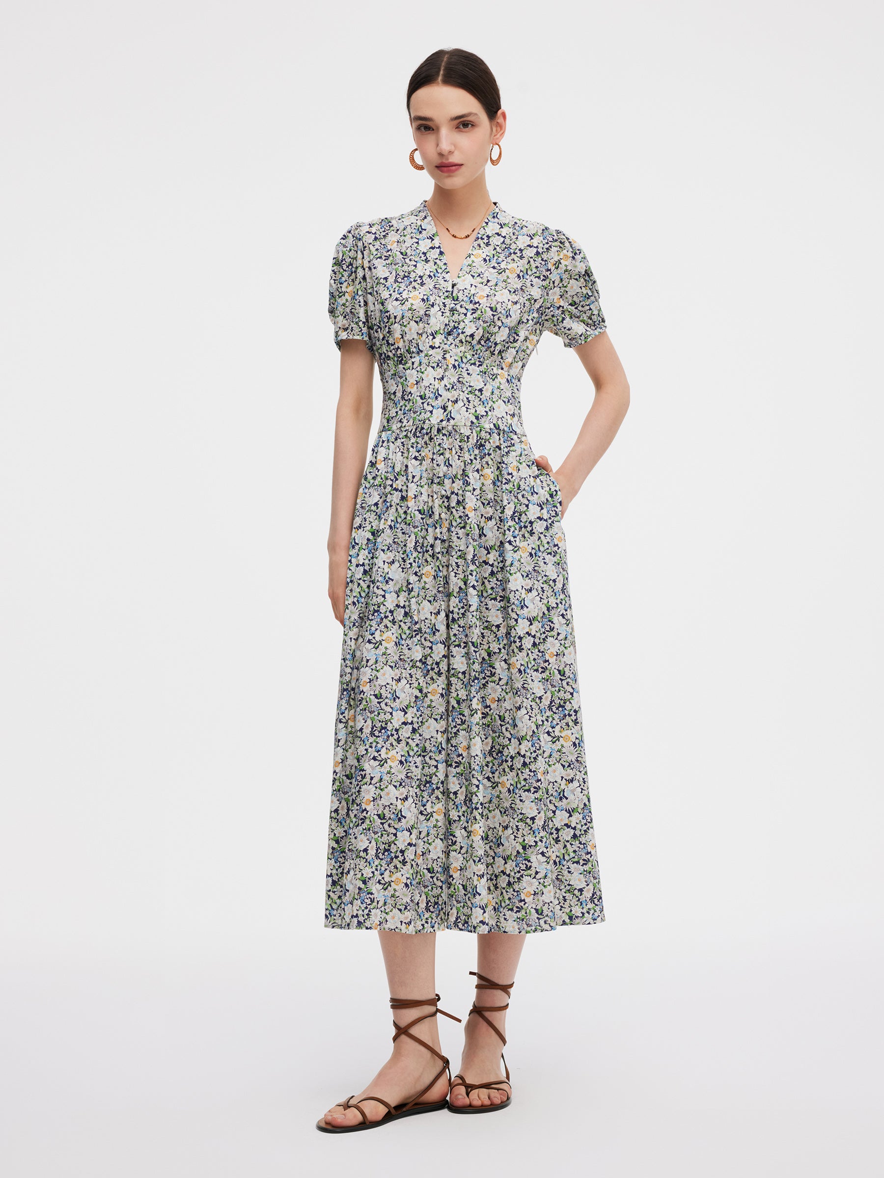 100% Cotton Floral Print V-Neck Women Maxi Dress GOELIA