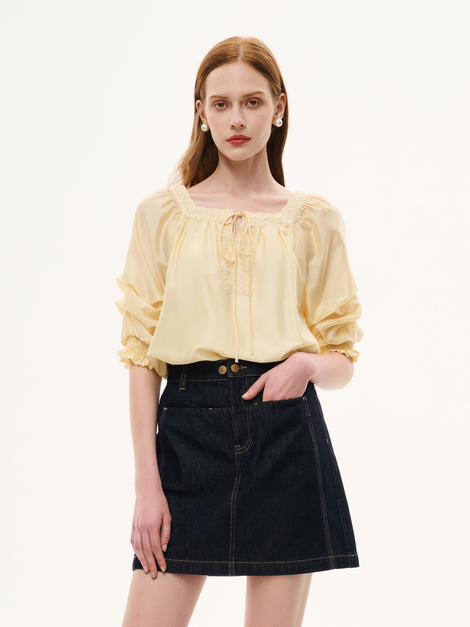 Tencel Blend Embroidered Square Neck Women Blouse GOELIA