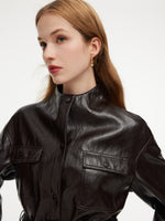 PU Leather Stand Collar Wind-Proof Women Belted Jacket GOELIA
