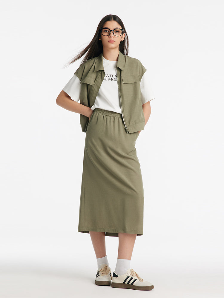 Zippered Lapel Vest And Slit Half Skirt Two-Piece Set GOELIA