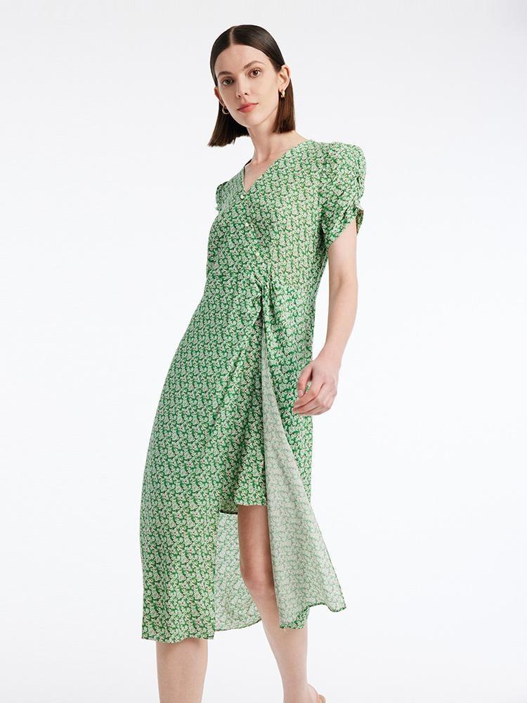 Green Printed V-Neck Dress GOELIA
