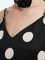 Acetate Polka Dots Printed Spaghetti Strap Women Midi Dress With Rose Belt GOELIA