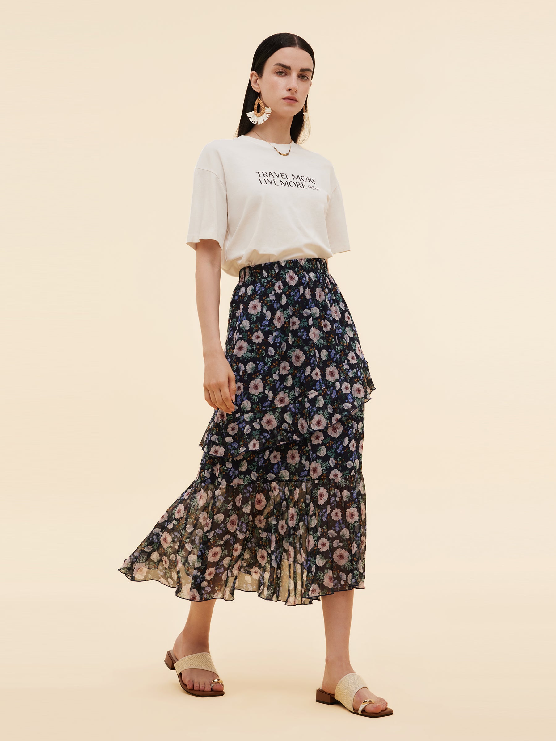 10MM Mulberry Silk Floral Print Women Tiered Skirt GOELIA