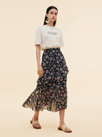 10MM Mulberry Silk Floral Print Women Tiered Skirt GOELIA