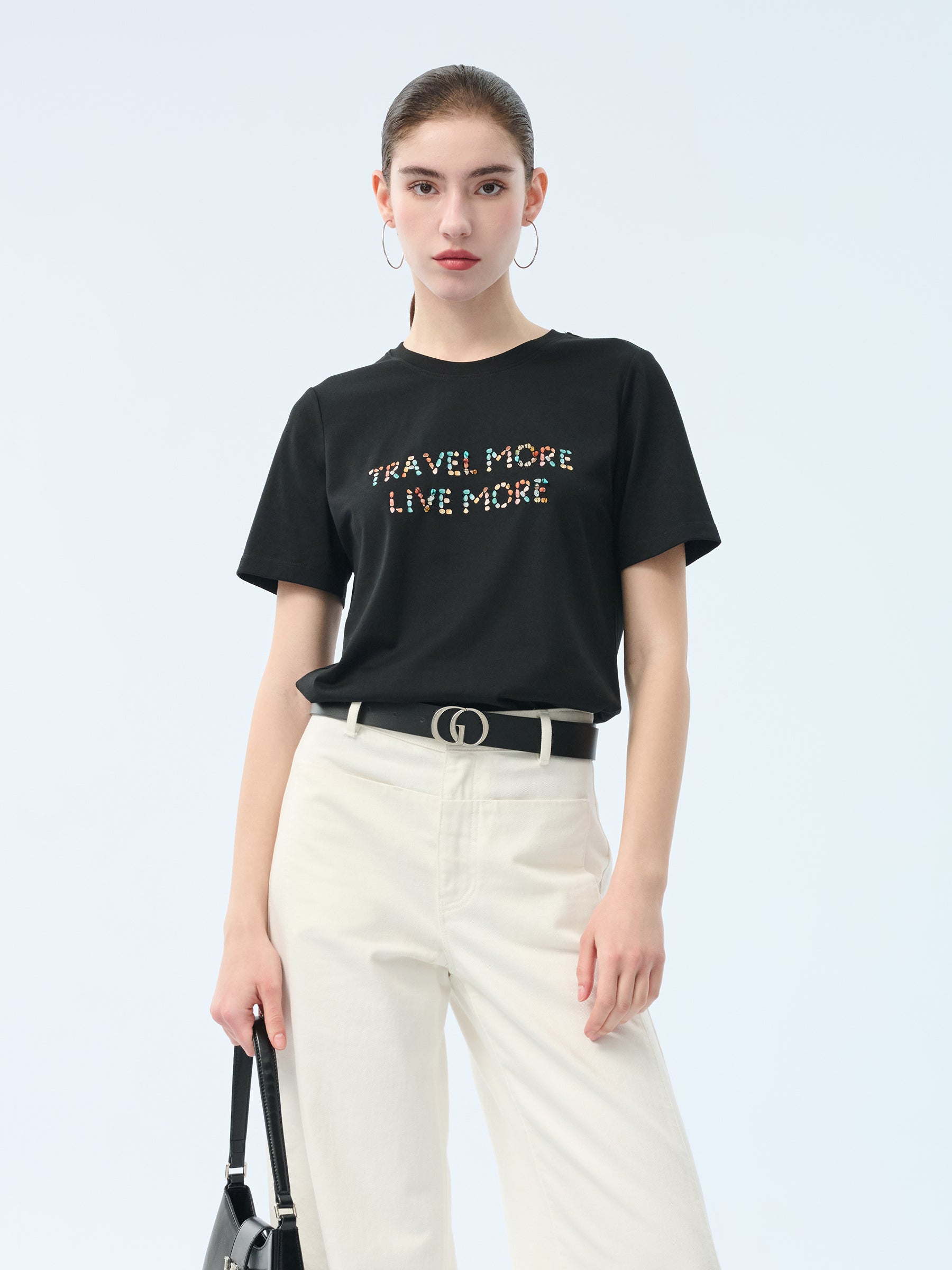 Cotton Beaded Letter Women T-Shirt GOELIA
