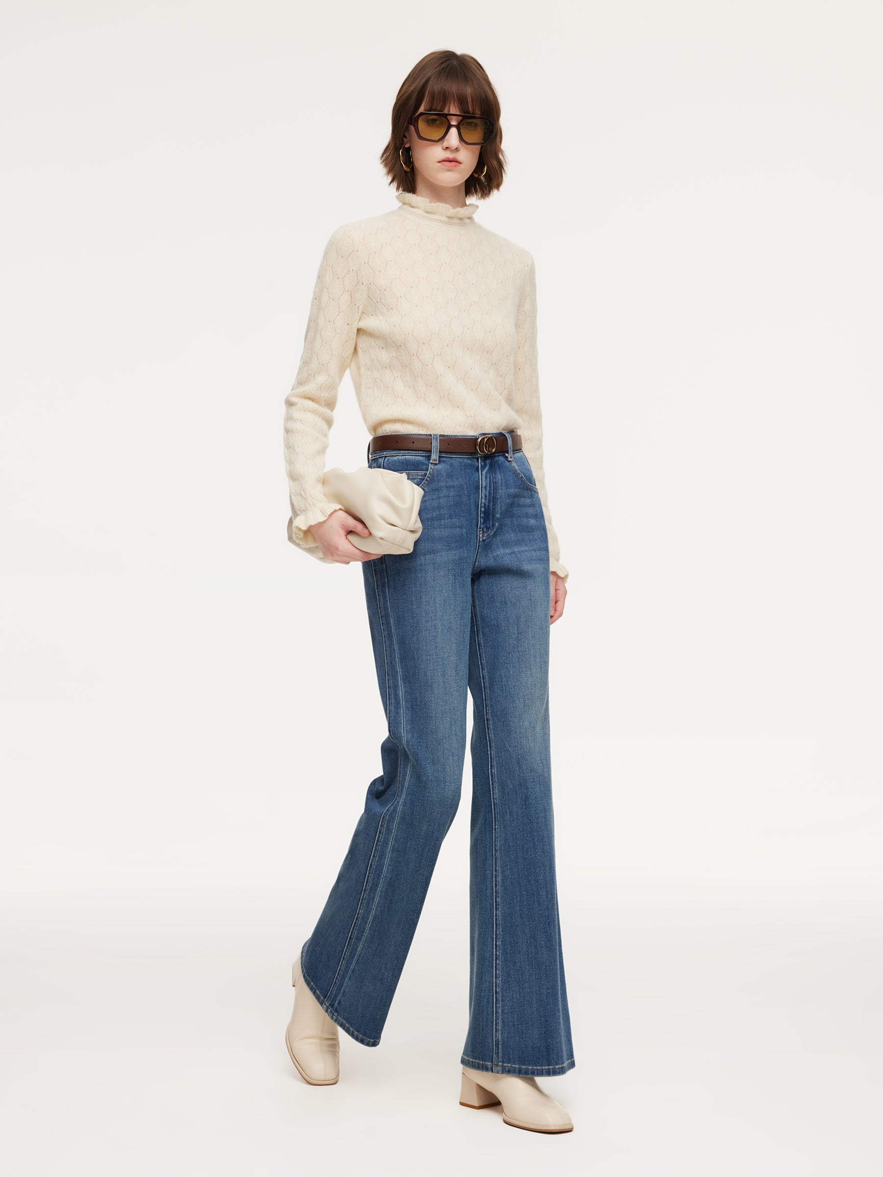 100% Cashmere Ruffle Neck Women Sweater GOELIA