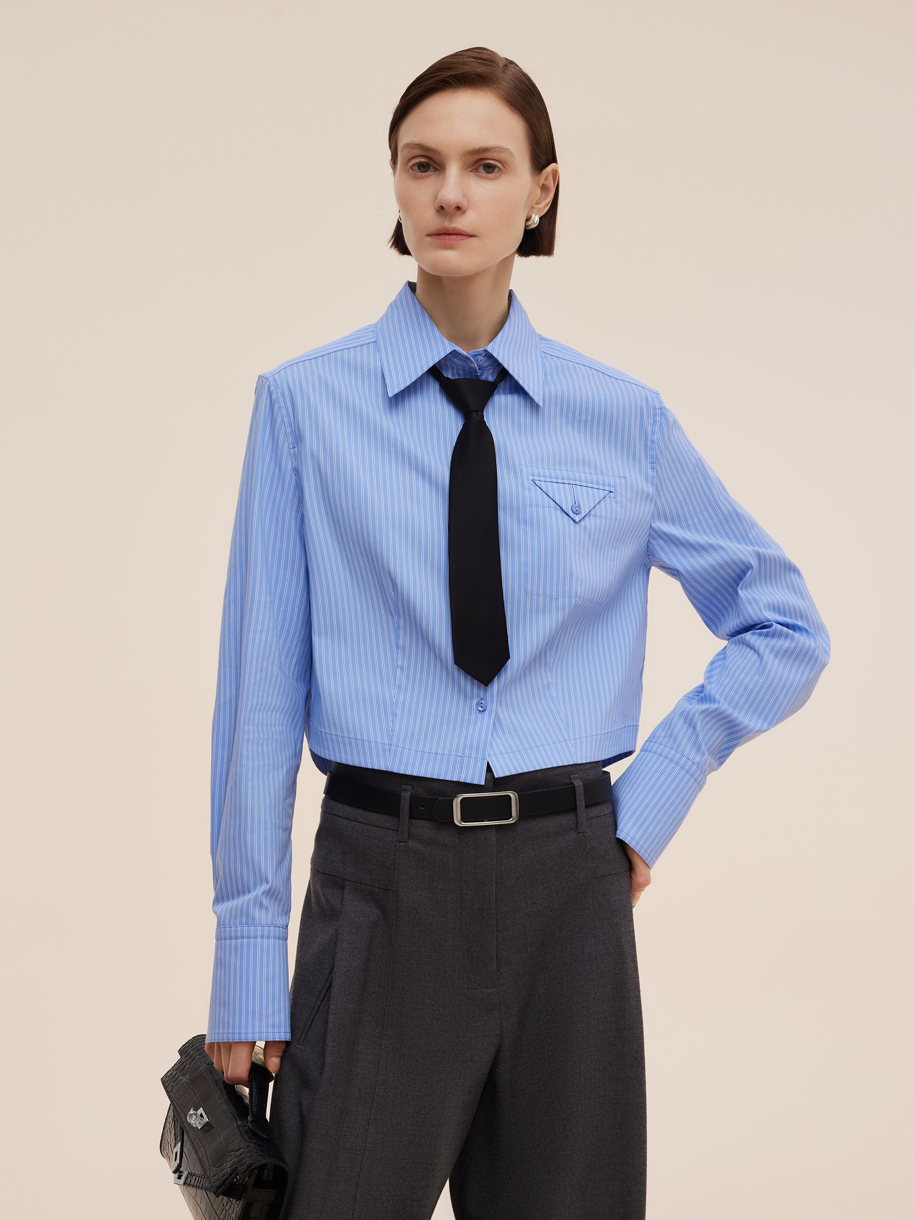 Blue And White Stripe Women Long Sleeve Shirt GOELIA
