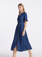 Gathered Waist Denim Women Midi Dress GOELIA