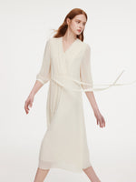 V-Neck Back Tie Women 3/4 Sleeve Midi Dress GOELIA