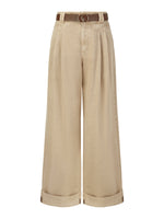 Cotton Denim Straight Wide Leg Women Folded Jeans With Belt GOELIA
