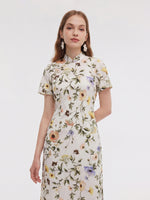 Tencel Linen Blend Floral Print Women Qipao Maxi Dress GOELIA