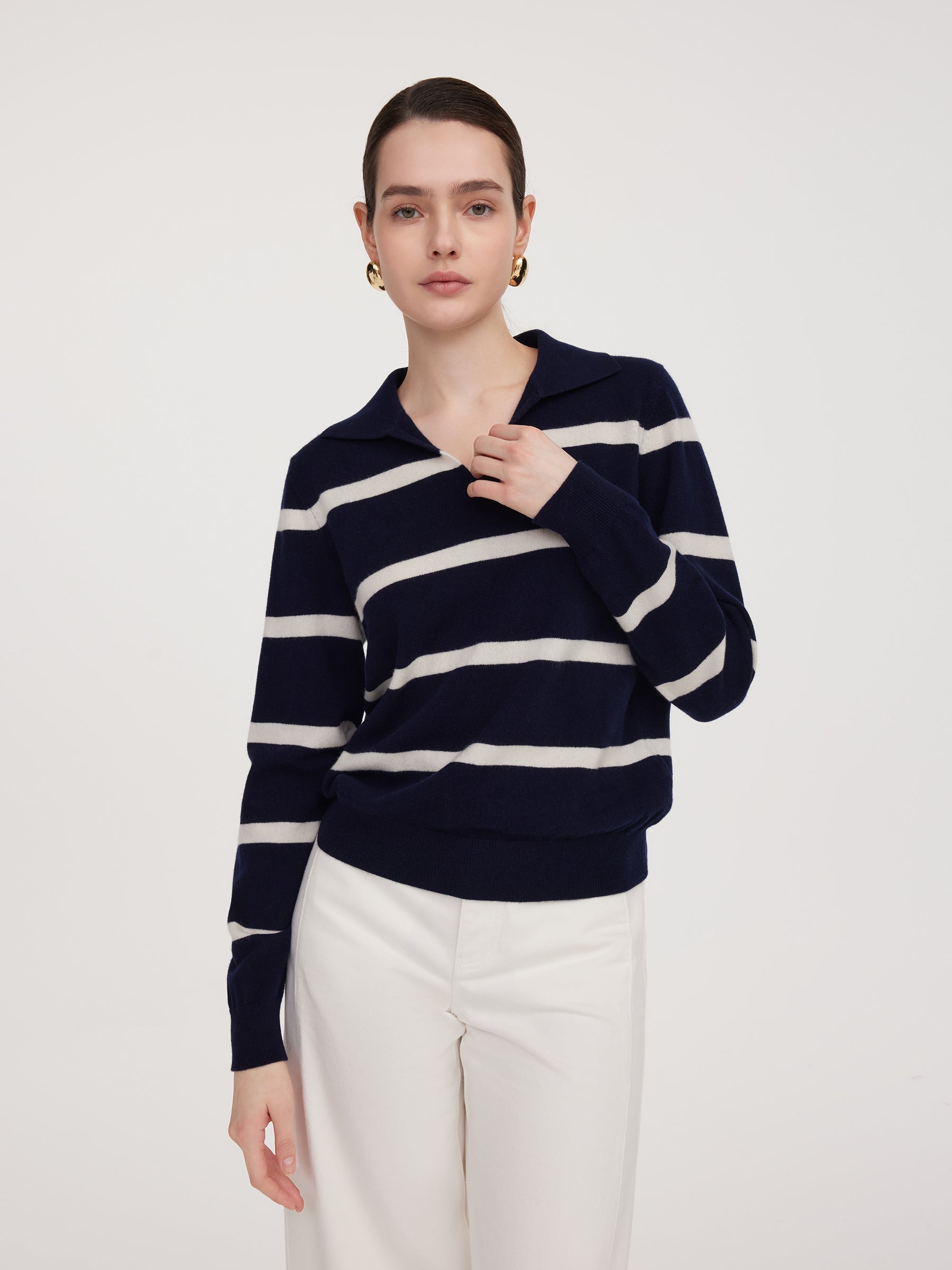 100% Wool Stripe Women Polo Sweater GOELIA