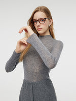 100% Wool Mock Neck Women Long Sleeve Top GOELIA