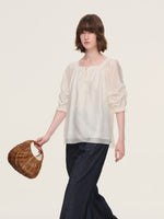 Tencel Blend Embroidered Square Neck Women Blouse GOELIA