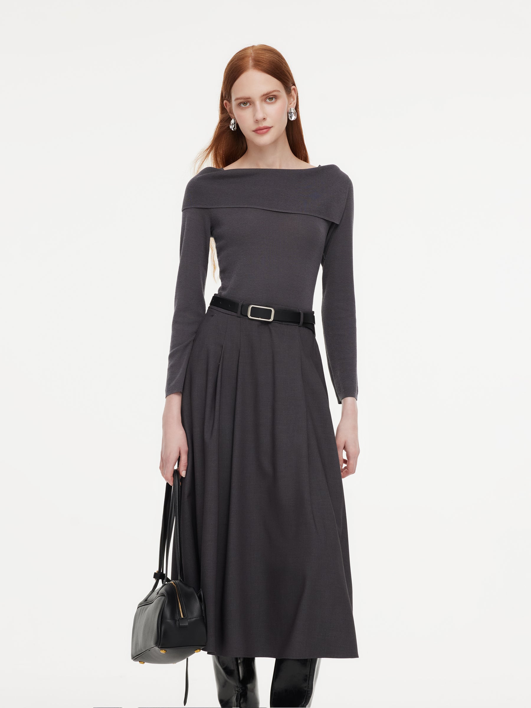 Lyocell Blend Boat Neck Women Mock Layered Maxi Dress With Belt GOELIA
