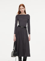 Lyocell Blend Boat Neck Women Mock Layered Maxi Dress With Belt GOELIA