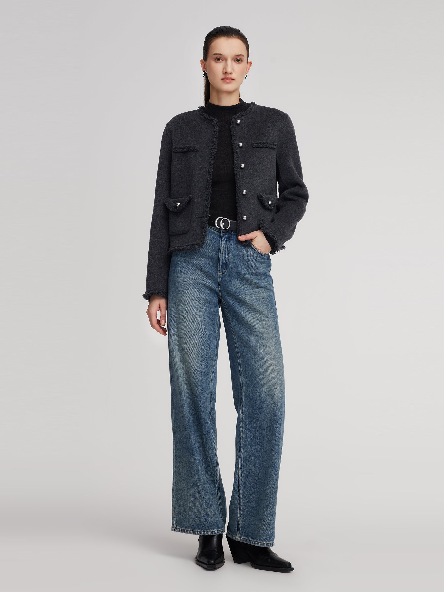 100% Wool Frayed Edge Women Jacket GOELIA