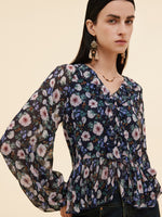 10MM Mulberry Silk Floral Print Women Ruffle V-Neck Blouse GOELIA