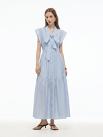 Tencel Acetate Blend Ruffle Cap Sleeve Women Maxi Dress With Ribbon GOELIA