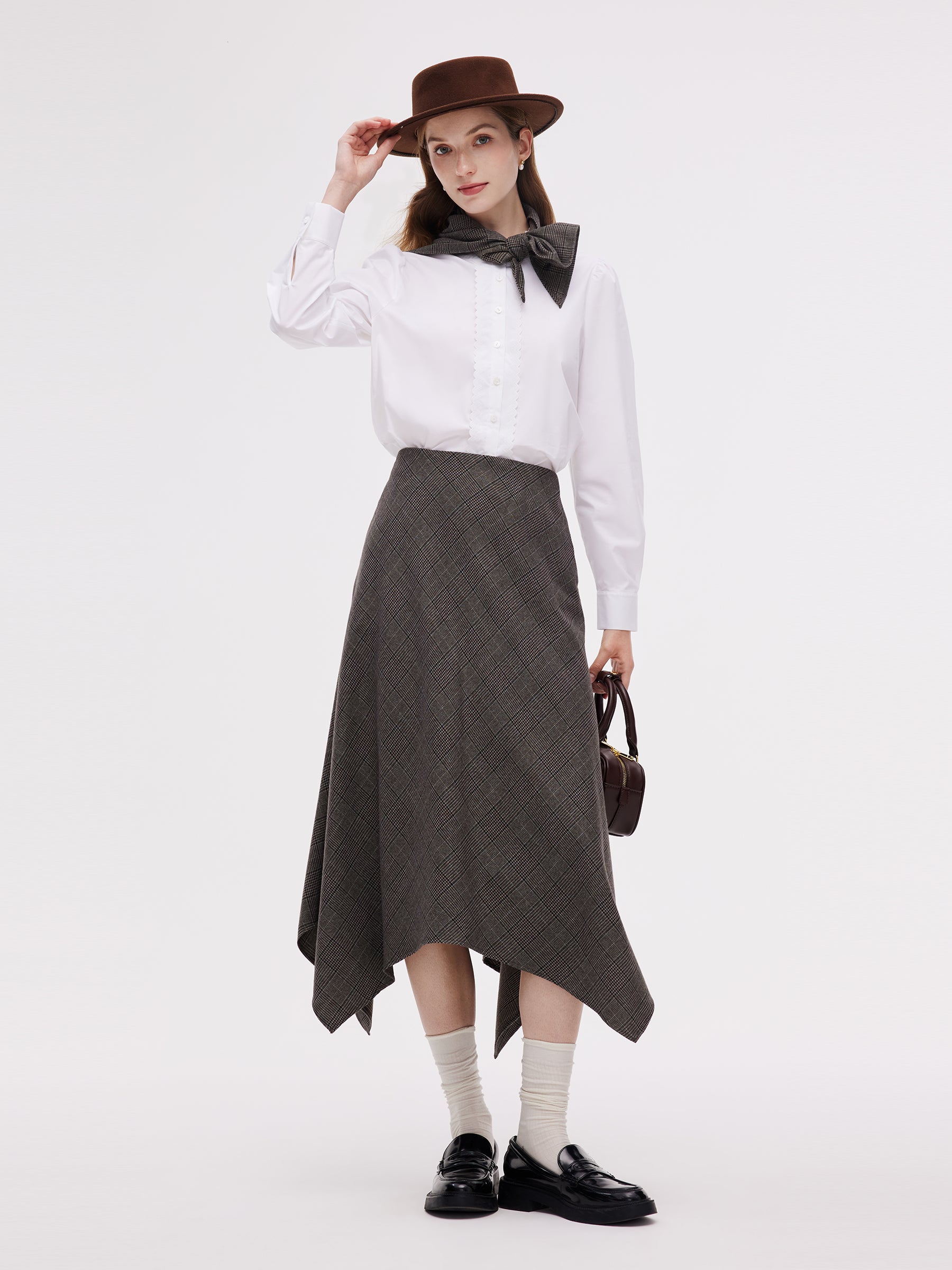 Asymmetric Hem Plaid Women Skirt With Triangle Scarf GOELIA