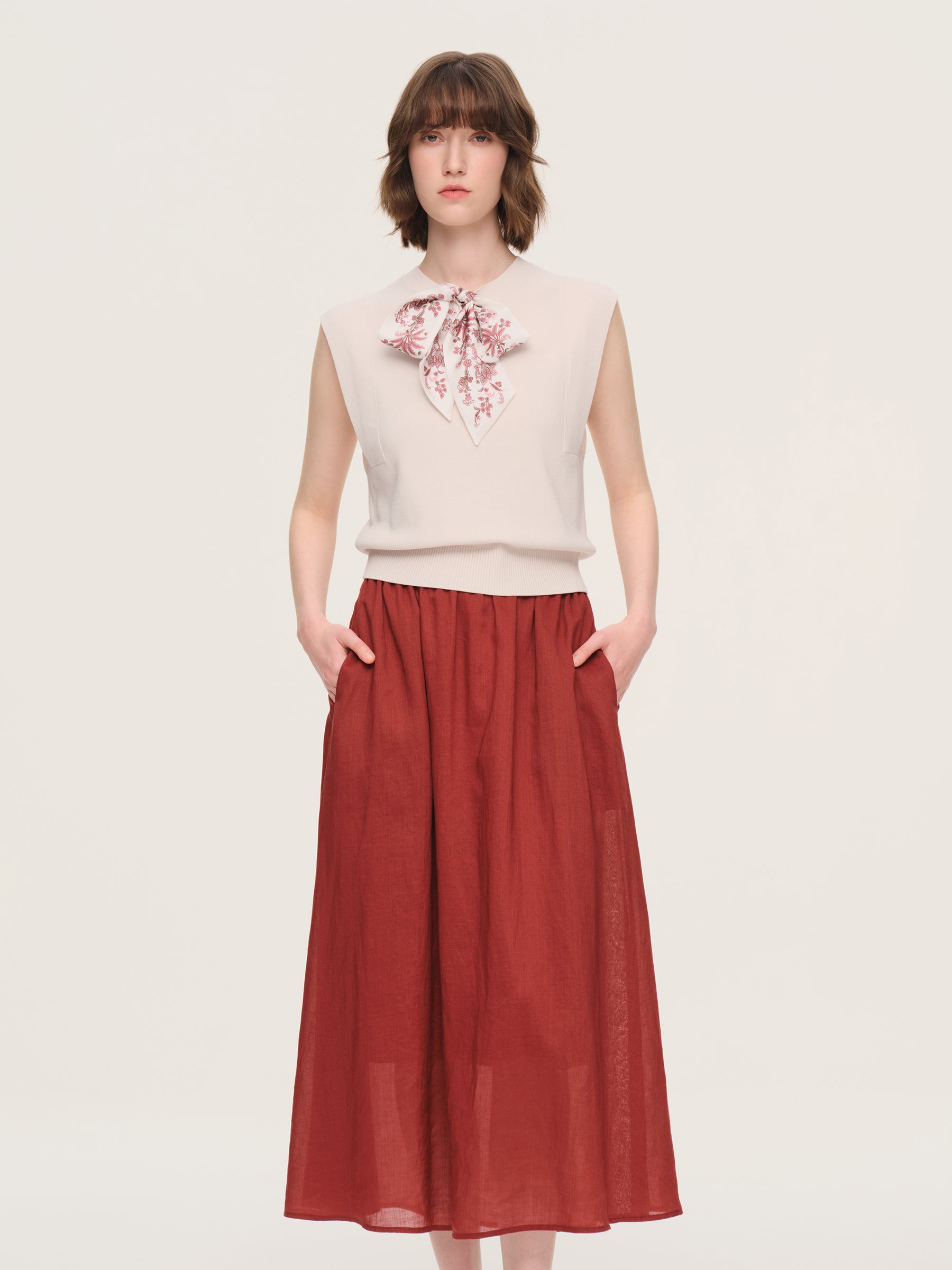 Cap Sleeve Knit Tank Top And 100% Ramie Skirt Two-Piece Set With Silk Scarf GOELIA
