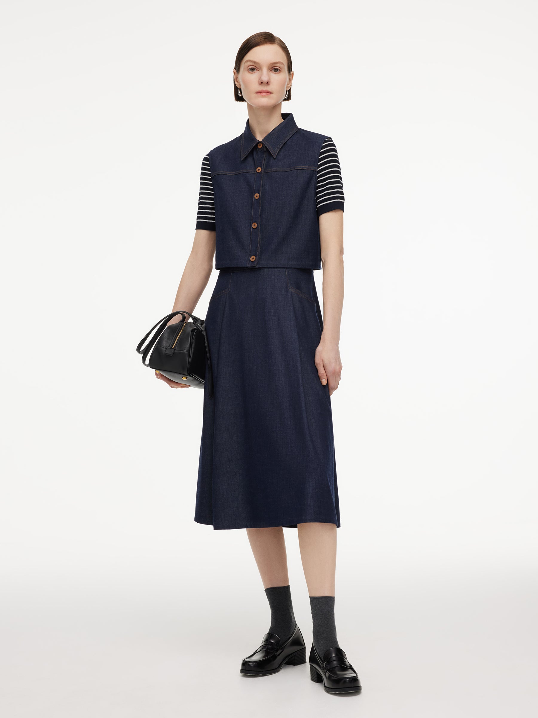Lyocell Blend Vest And Stripe Patchwork Maxi Dress Two-Piece Set GOELIA
